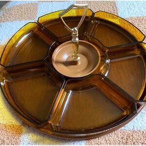 Vintage Mid Century Snack Tray w Amber Dishes Retro Barware Server